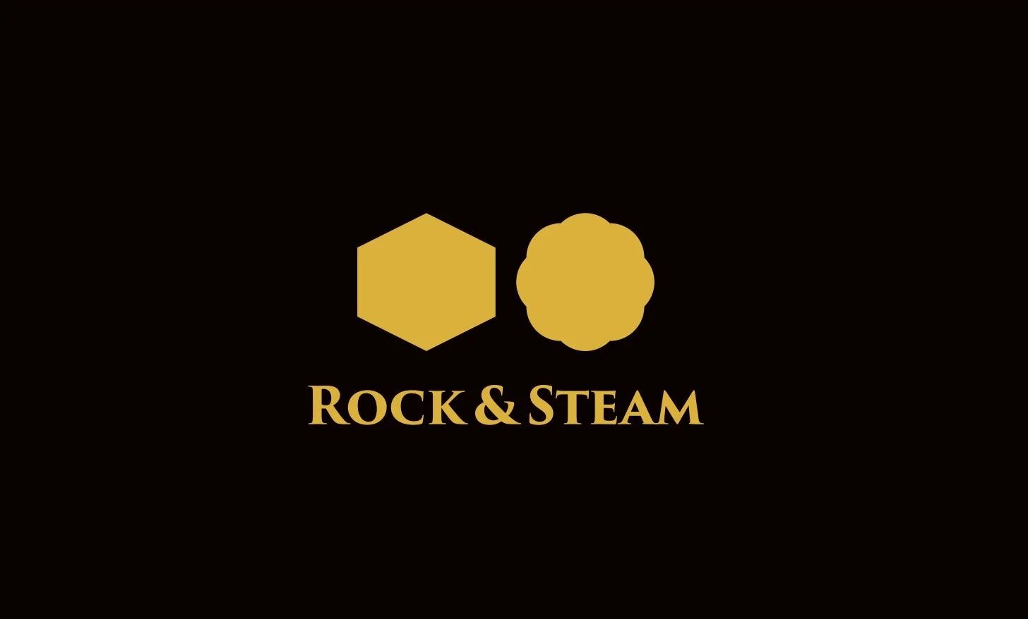 ロゴ、ブランド、テキスト、記号、六角形、雲形、金色、黒背景、シンプル、デザイン