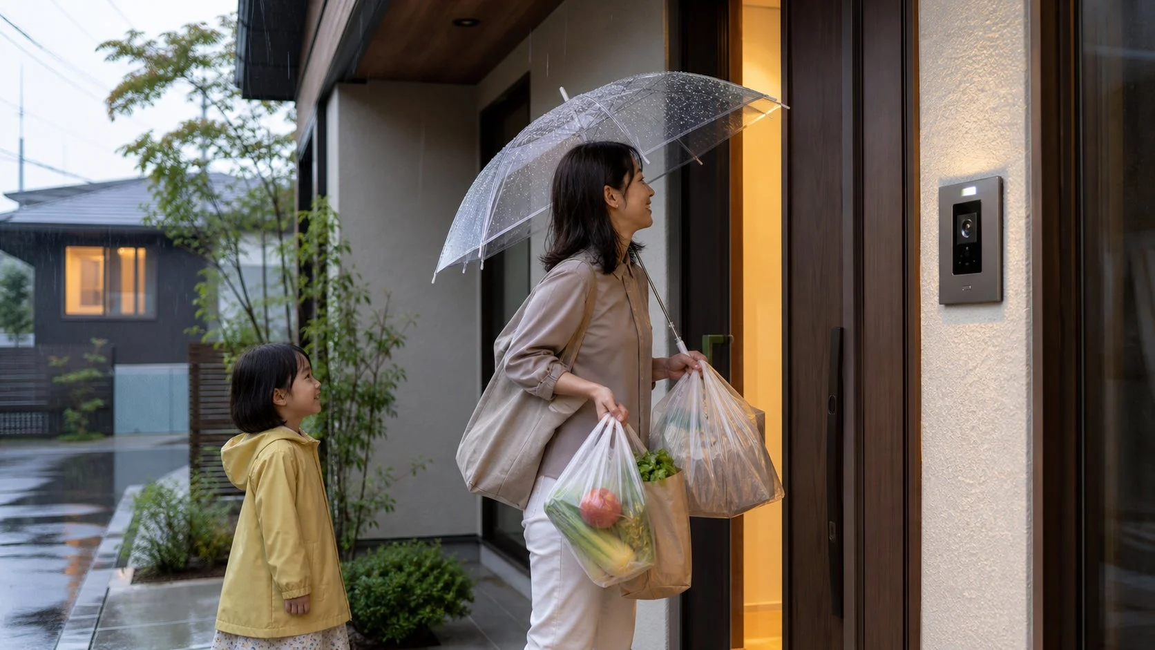雨の中、傘をさして買い物袋をたくさん持った女性と、黄色いレインコートを着た子供が家の玄関に帰宅した様子