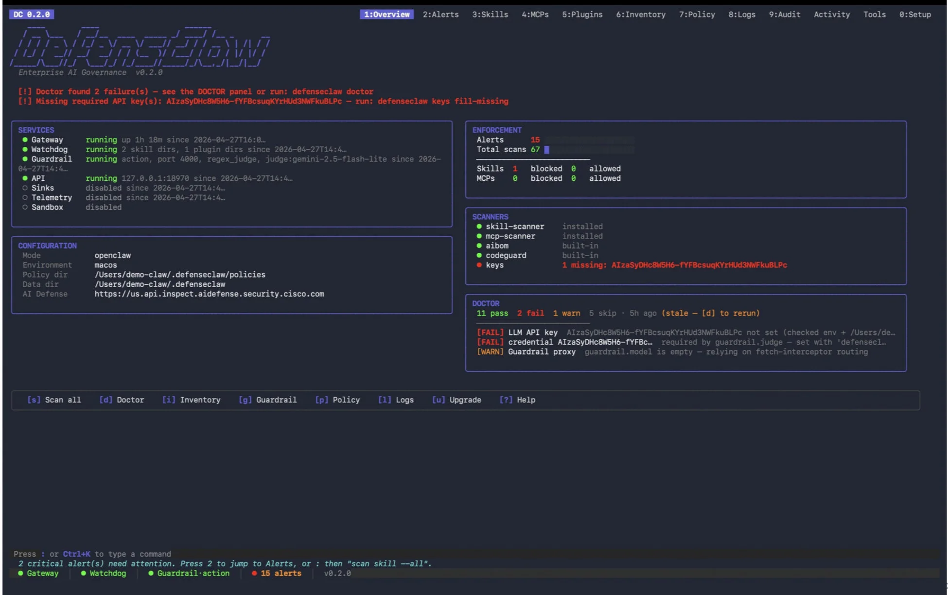 AIガバナンスシステム Defenseclaw ダッシュボード