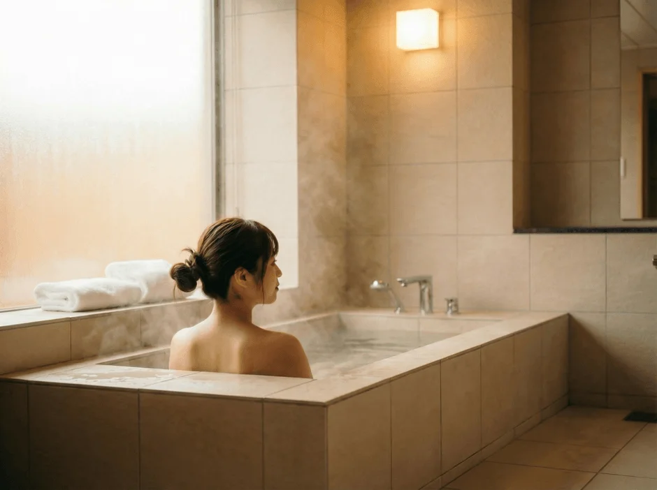 湯気が立ち込める浴室で女性がリラックスしている様子