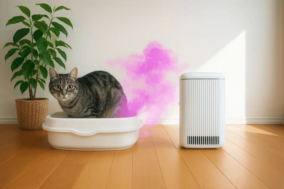 猫とトイレ、脱臭機のイメージ