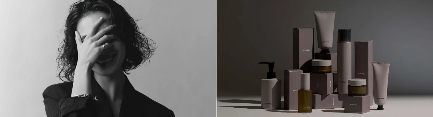 MONOQUの製品群と女性のポートレート
