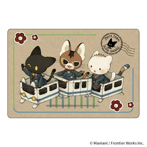 スーツを着た3匹のかわいい猫たちが、それぞれ電車のような箱に乗って楽しそうにしているイラストのポストカード