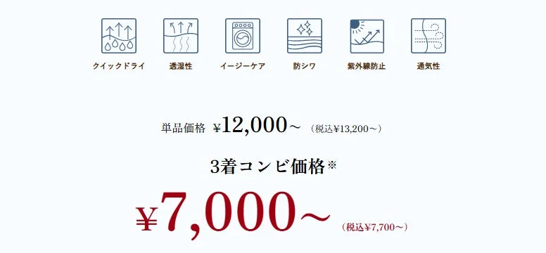 クイックドライ、透湿性、イージーケア、防シワ、紫外線防止、通気性といった機能を持つ商品の価格情報