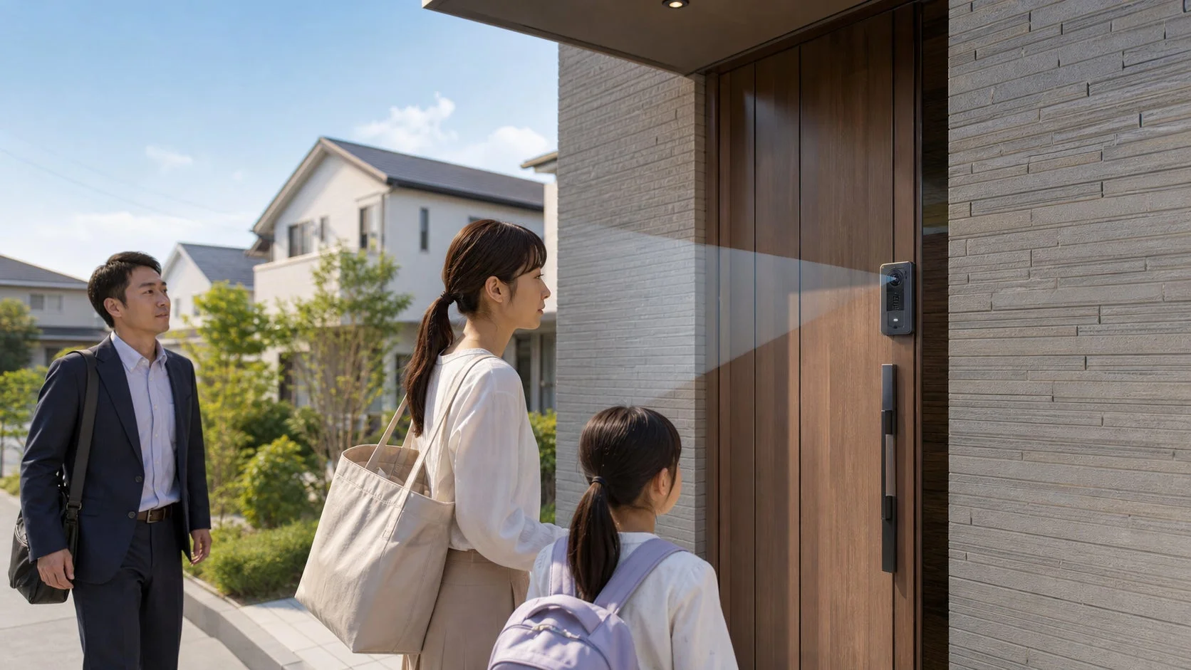 モダンな住宅の玄関に立つ家族の様子