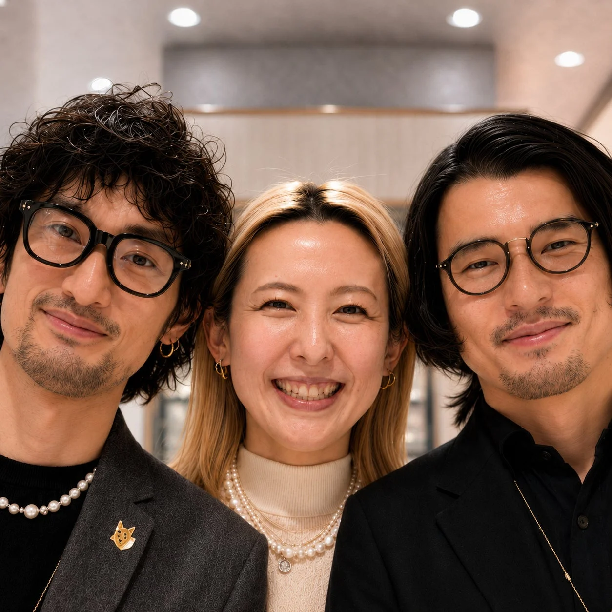 眼鏡をかけた2人の男性と1人の女性が、笑顔でカメラを見つめているポートレート写真