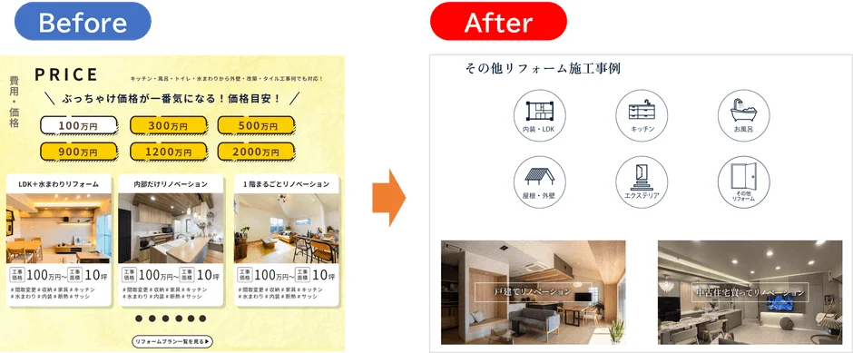 住宅リフォームのBefore/Afterを比較する画像