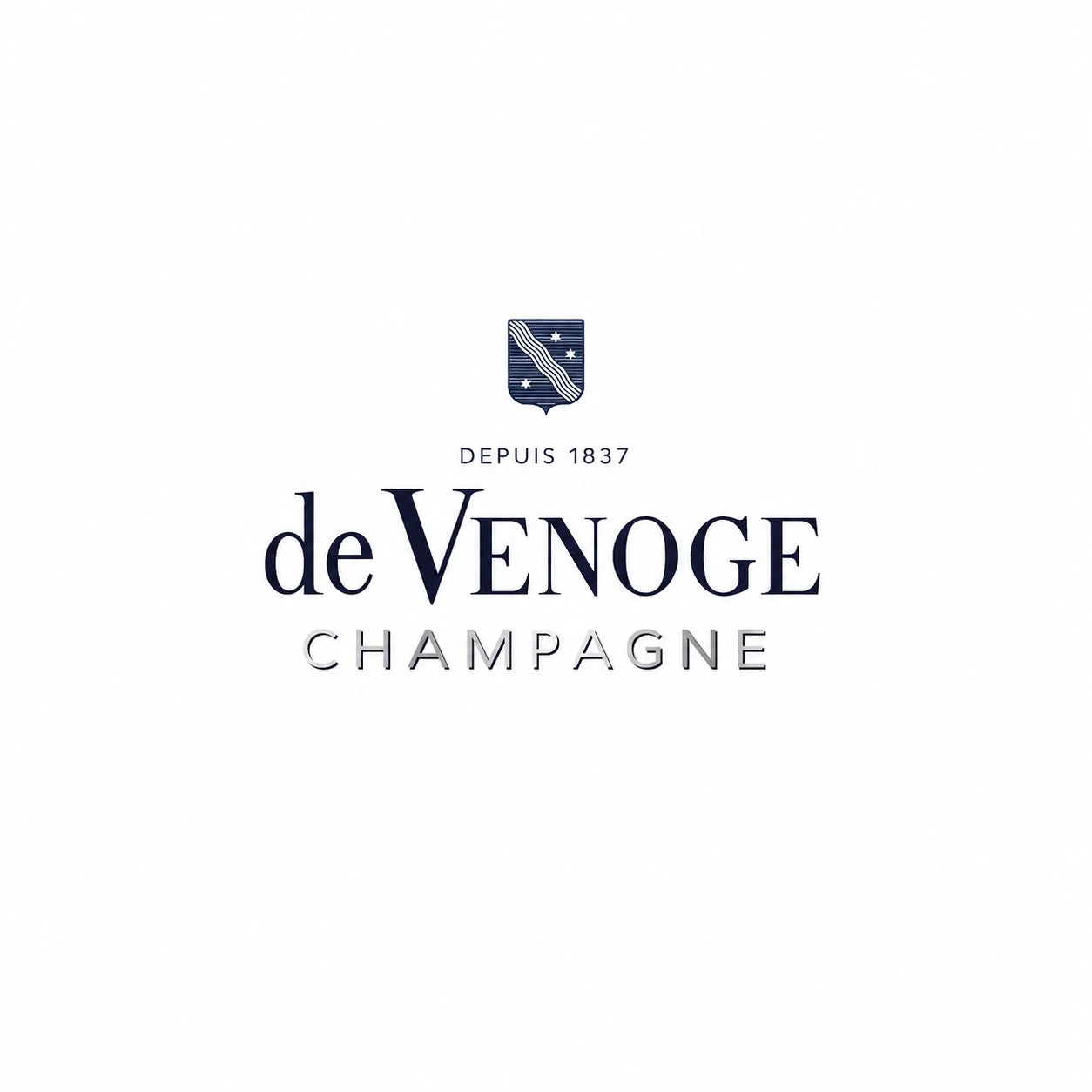 白い背景に、シャンパンブランド「de VENOGE」のロゴ