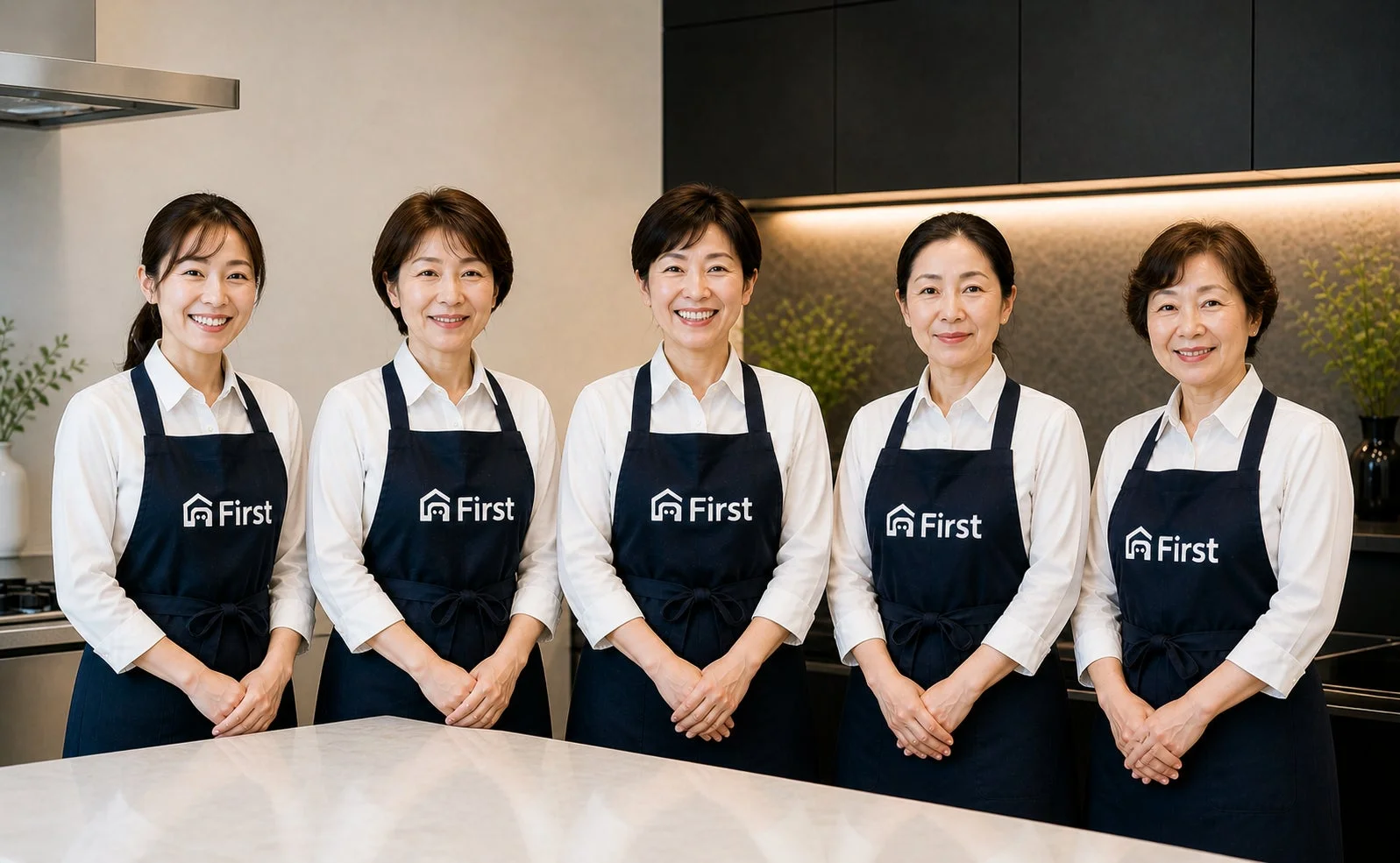 「First」のロゴ入りエプロンを着用したスタッフ