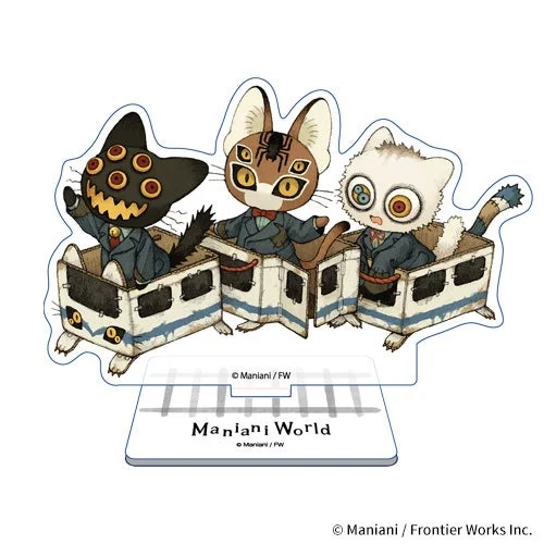 スーツを着た多眼の猫のようなキャラクターたちが、列車型の乗り物に乗っているデザインのアクリルスタンド