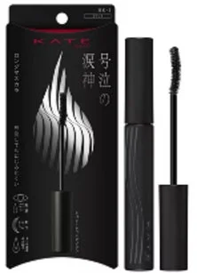 KATEのマスカラ「涙神の」BK-1の製品画像です。黒いパッケージと本体が特徴で、まつ毛を濃密に仕上げ、汗・水・皮脂に強くお湯で落とせるタイプであることが示されています。