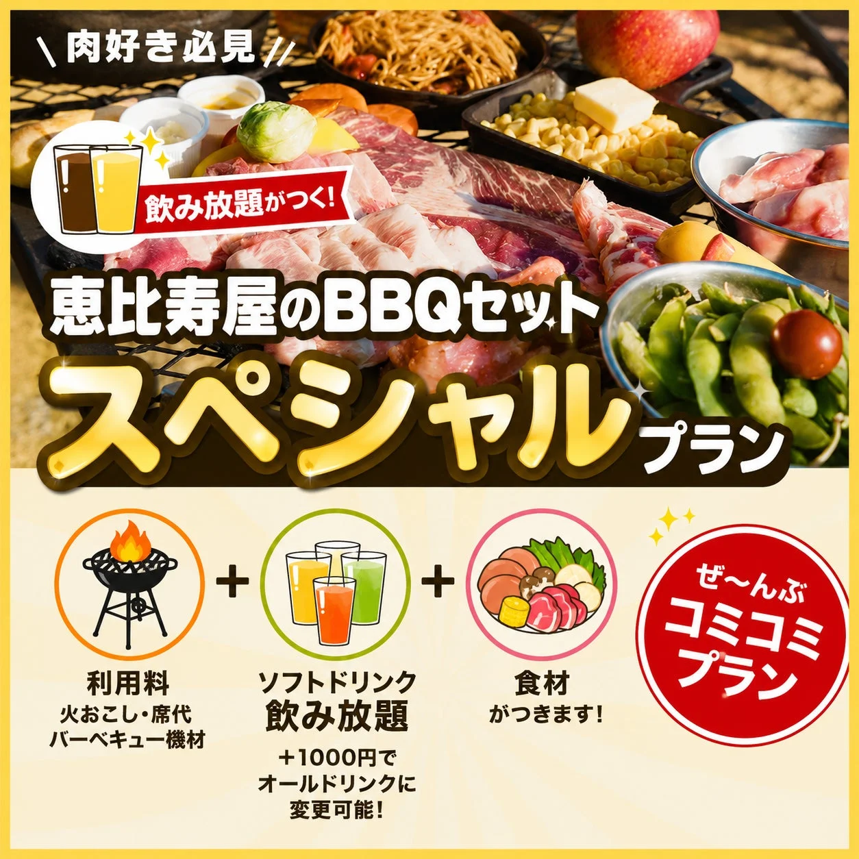 恵比寿屋のBBQスペシャルプランの広告画像。肉や野菜、麺類などが豊富に並び、利用料、バーベキュー機材、ソフトドリンク飲み放題、食材が全て含まれるコミコミプランであることをアピールしています。肉好き必見の内容です。