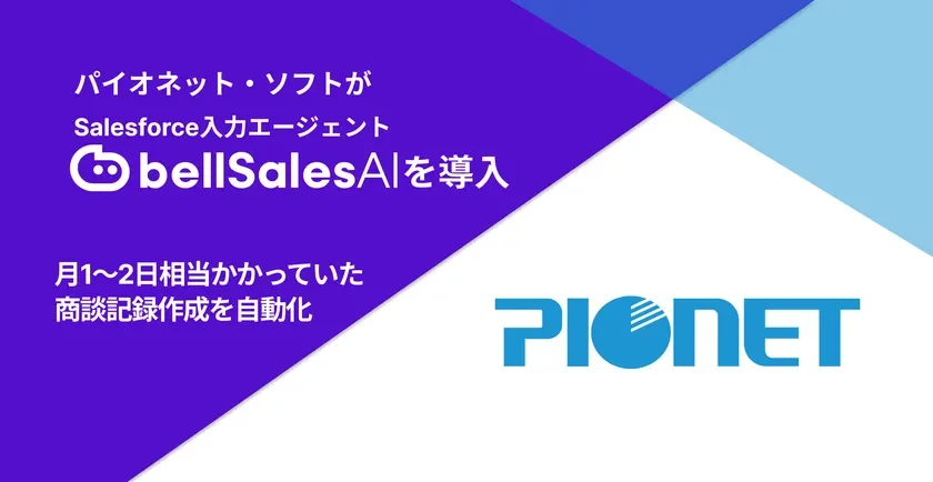 パイオネット・ソフトがSalesforce入力エージェント「bellSalesAI」を導入し、月1~2日かかっていた商談記録作成を自動化するソリューションの紹介画像です。