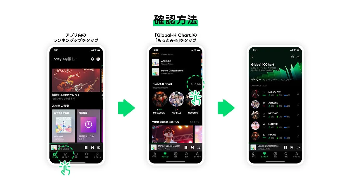 音楽アプリでGlobal-K Chartのランキングを確認する手順