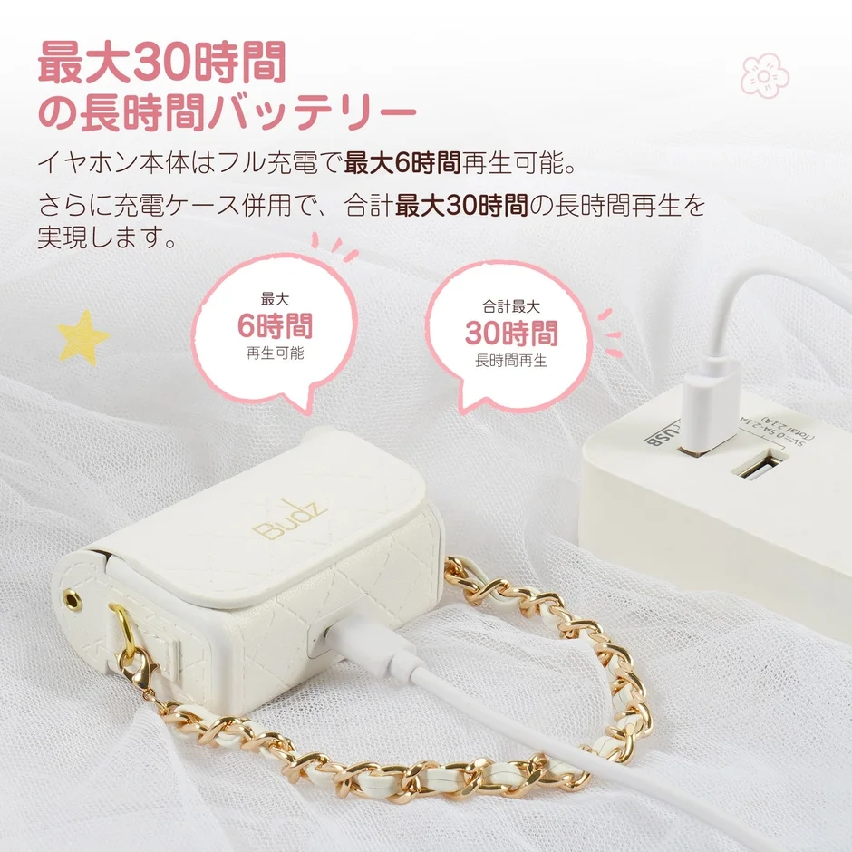 最大30時間の長時間バッテリー イヤホン本体はフル充電で最大6時間再生可能。さらに充電ケース併用で、合計最大30時間の長時間再生を実現します。