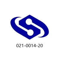 青色の抽象的なロゴマークと021-0014-20