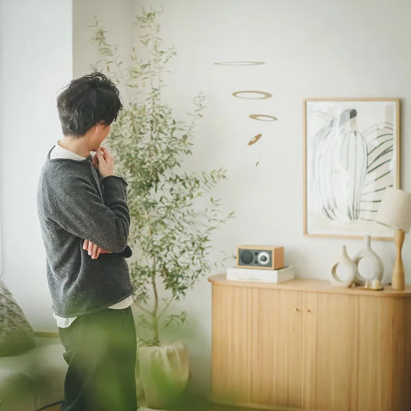 観葉植物のあるリビングで過ごす男性