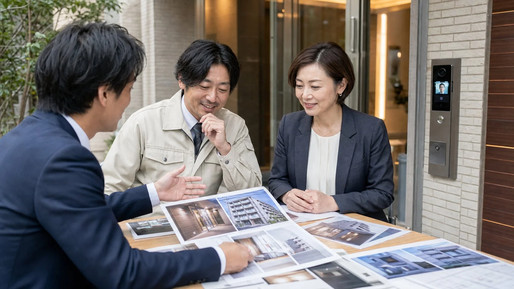 営業担当者が顧客である夫婦に建物の写真や間取り図を見せながら住宅の購入について説明している