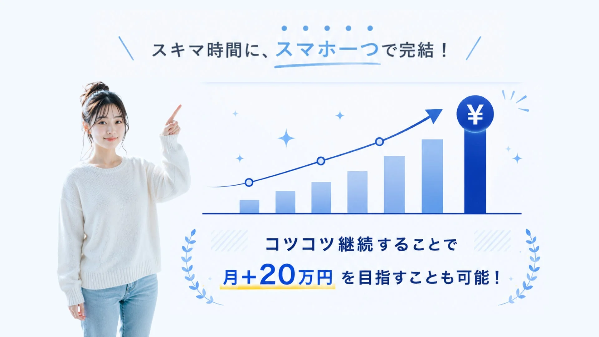 スキマ時間に、スマホ一つで完結！コツコツ継続することで月+20万円を目指すことも可能！