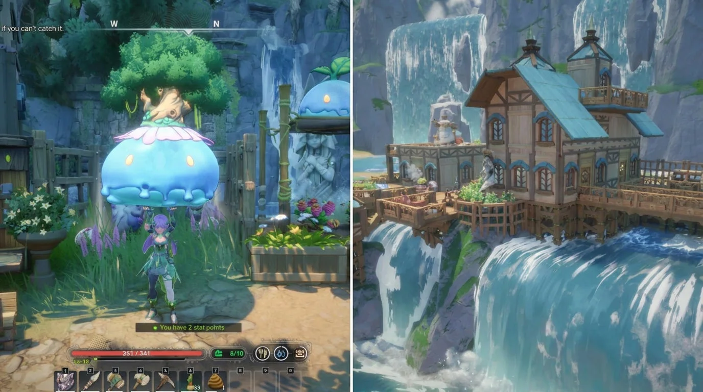 ファンタジーゲームの二つの異なるシーン。左はキャラクターと浮遊する生き物がいる庭、右は滝の横に建つ美しい木造の家