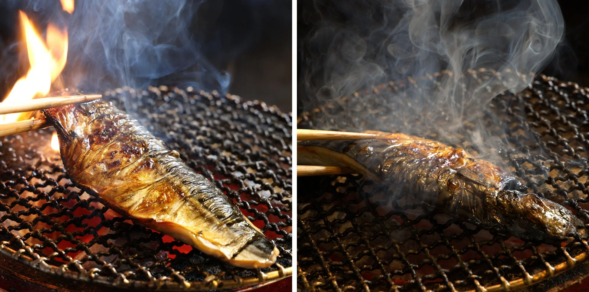 炭火でじっくりと焼かれる魚