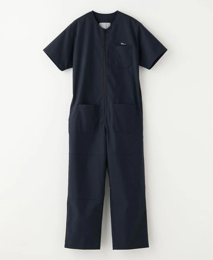 ネイビーの半袖つなぎ服