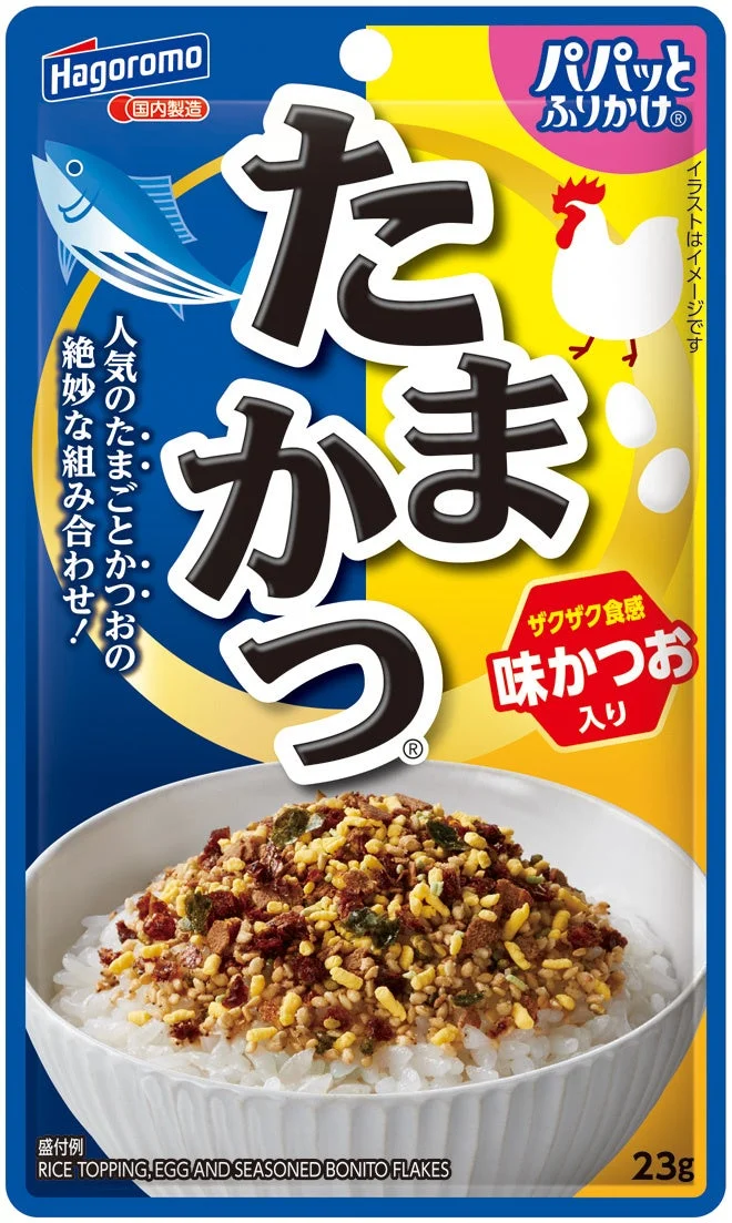 はごろもフーズの「パパッとふりかけ たまごかつお」のパッケージ。人気のたまごとかつおの絶妙な組み合わせで、ザクザク食感が特徴。ご飯に合う、国内製造のふりかけです。