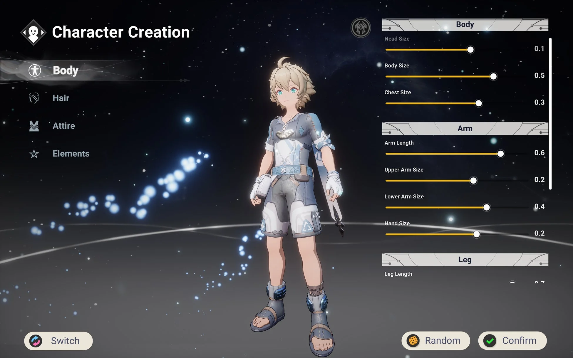 ゲームのキャラクター作成画面で、男性のアバターが中央に表示されています