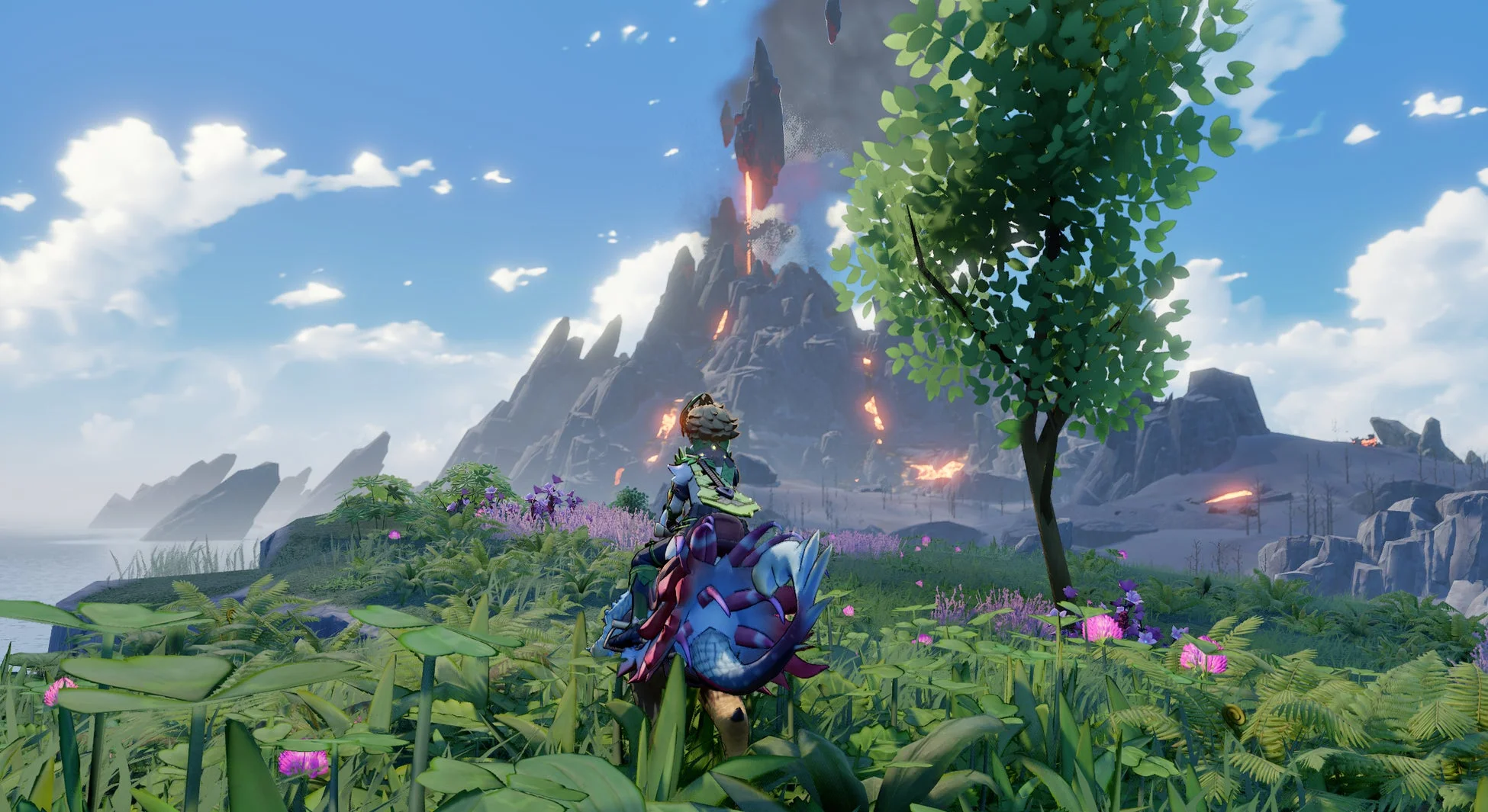 鮮やかな緑の草原に立つキャラクターが、煙と炎を噴き出す火山を背景にマウントに乗っています