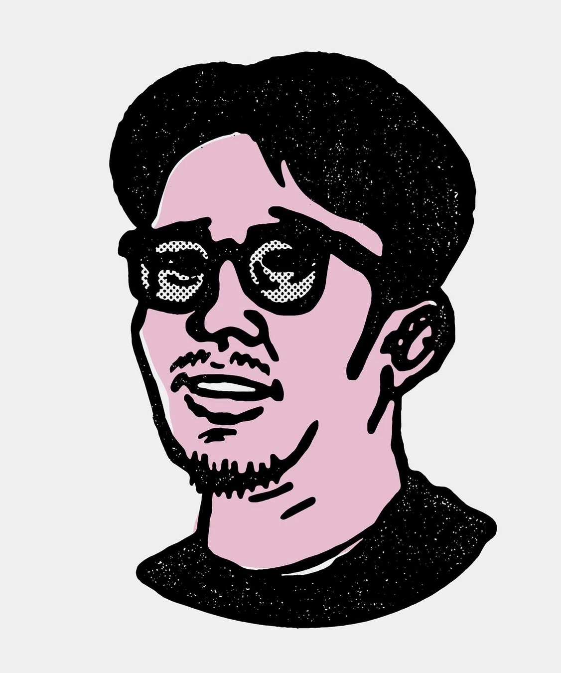 サングラスをかけ、ひげを生やした男性の頭部を描いたシンプルなイラスト