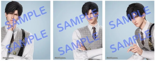 白いシャツとグレーのベストを着用した黒髪の男性キャラクターが、3つの異なるポーズで描かれた画像です。クールな印象の3Dモデルで、ゲームのキャラクタービジュアルのようです。