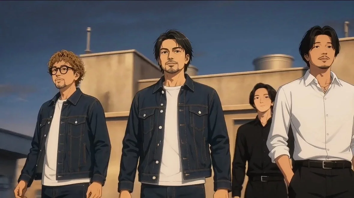 4人の男性キャラクターが屋外に立つ