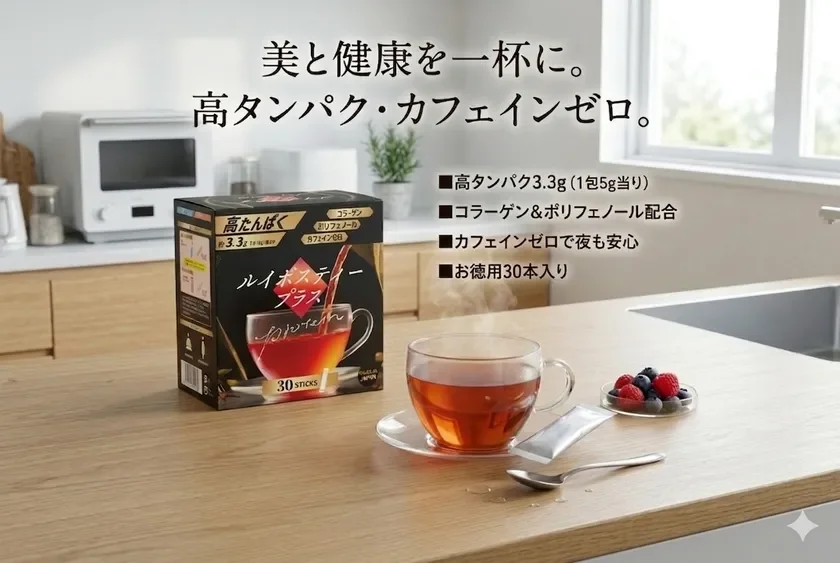ルイボスティープラスのパッケージとカップに注がれたルイボスティーのイメージ