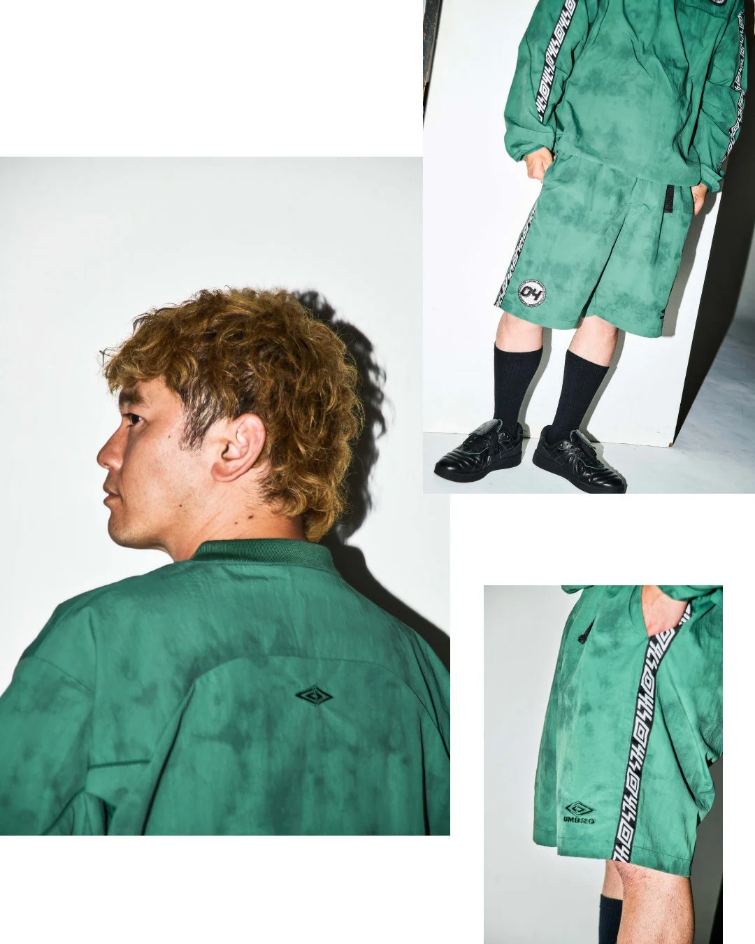 UMBRO × 04 Limited Sazabys ナイロンプルオーバーとショートパンツを着用したメンバー