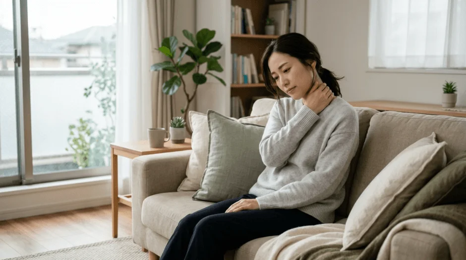首や肩に手を当てる女性