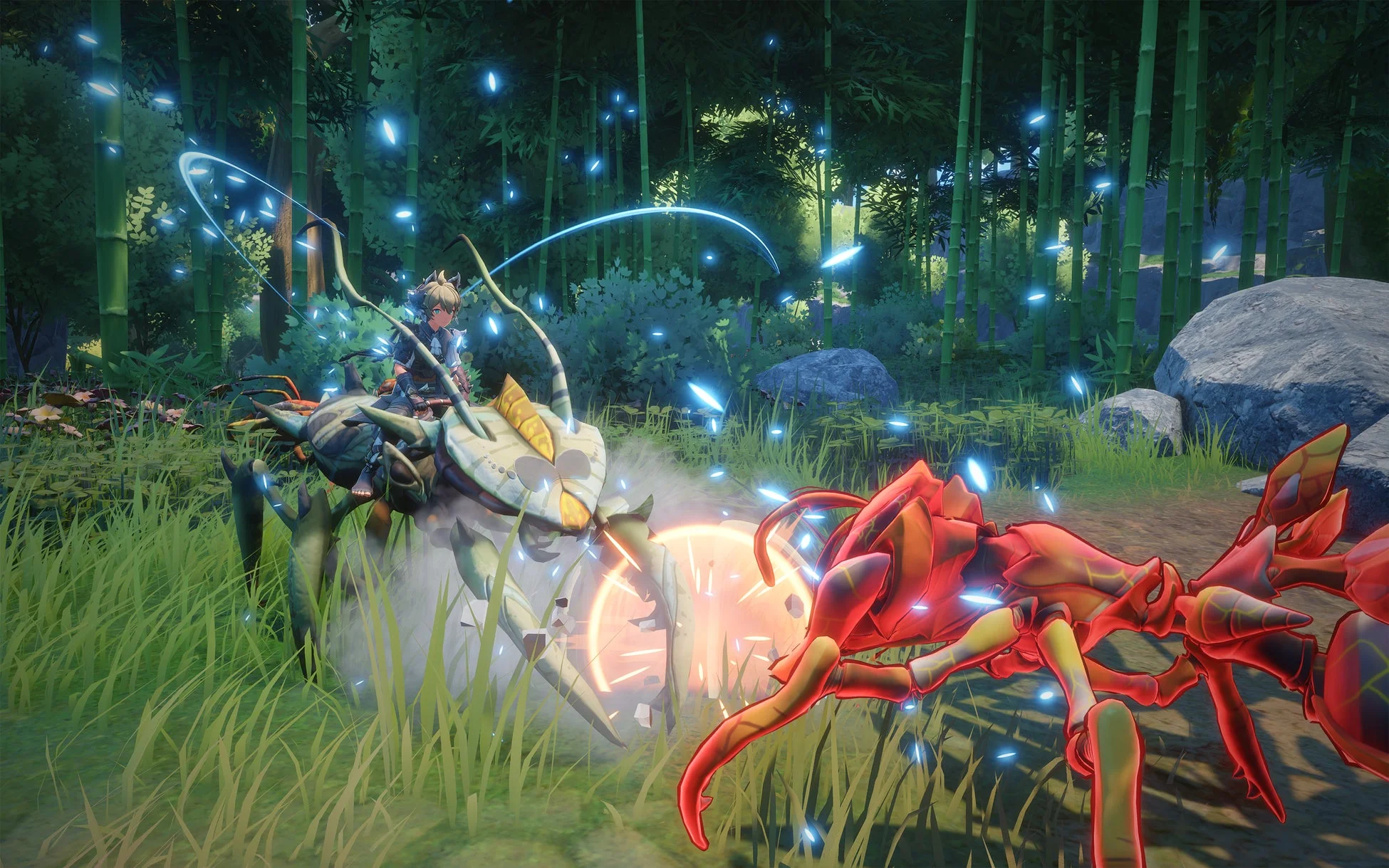 竹林を背景に、キャラクターが大型の昆虫に乗って別の赤い昆虫と戦闘しているファンタジーゲームのシーン