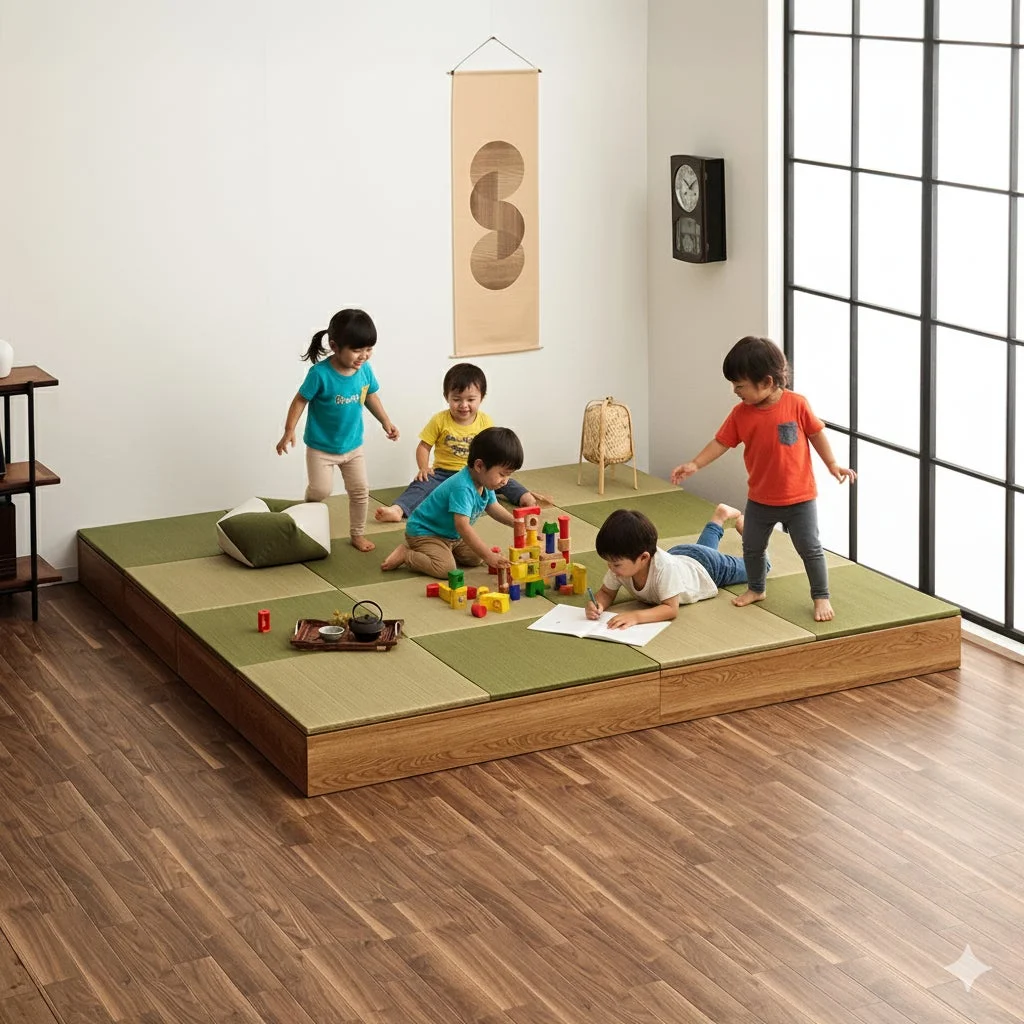 畳の小上がりがある明るい部屋で、数人の子供たちがブロック遊びやお絵かきをして楽しんでいます。子供たちの無邪気な様子が伝わる、穏やかな日常風景です。