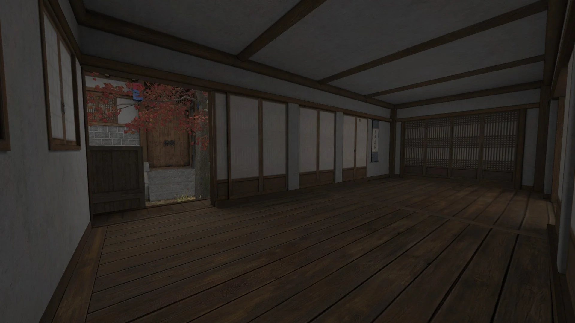 伝統的な木造建築の屋内から庭を望む風景