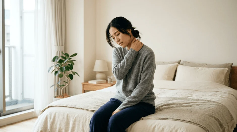ベッドに座って首や肩を抑えている女性
