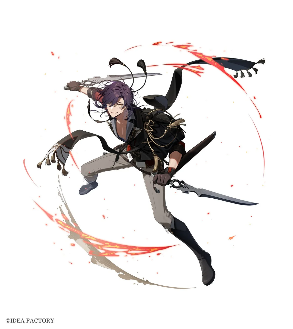 躍動感あふれるポーズで二本の短剣を構える紫髪の男性キャラクター。黒い衣装と自信に満ちた笑顔が特徴で、剣の周りには炎のようなエフェクトが描かれた、アニメスタイルのイラストです。