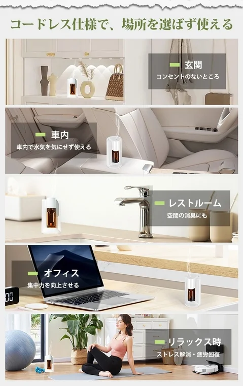 コードレス仕様で場所を選ばない