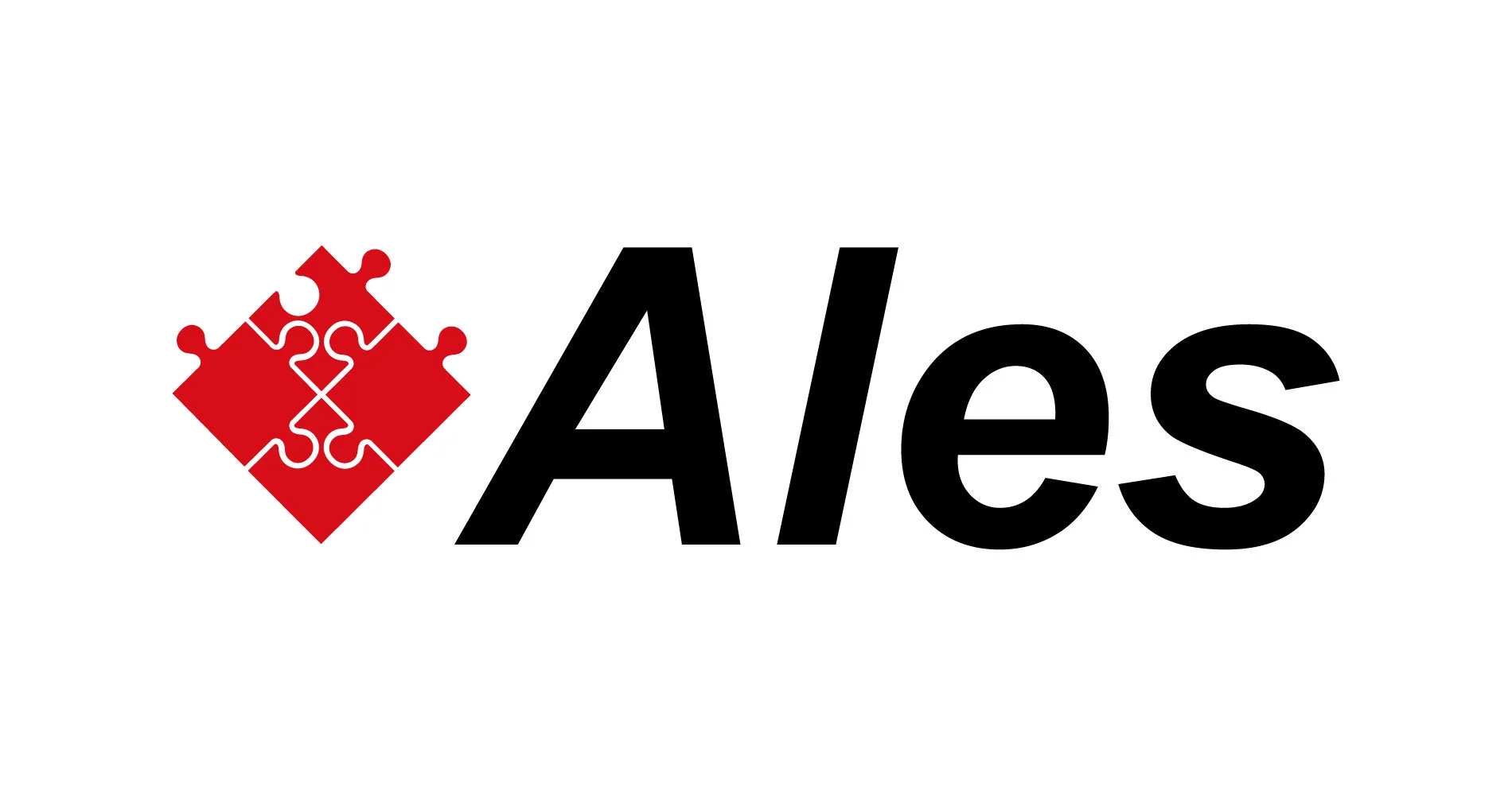 白い背景に「Ales」という黒いテキストと、3つの赤いパズルピースが組み合わさったロゴ