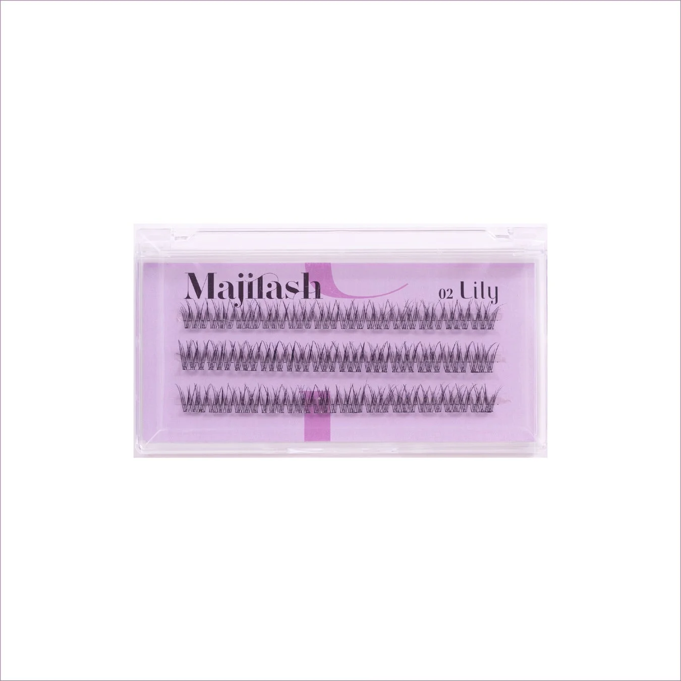 透明なケースに入ったつけまつげのパッケージが写っています。ケース内は薄紫色で、「Majiflash 02 Lily」という商品名が見えます。