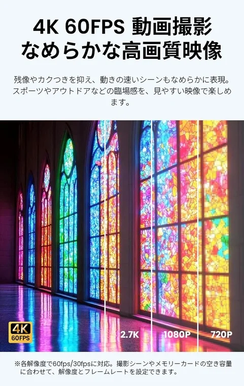 4K 60FPSでの動画撮影をアピールする画像