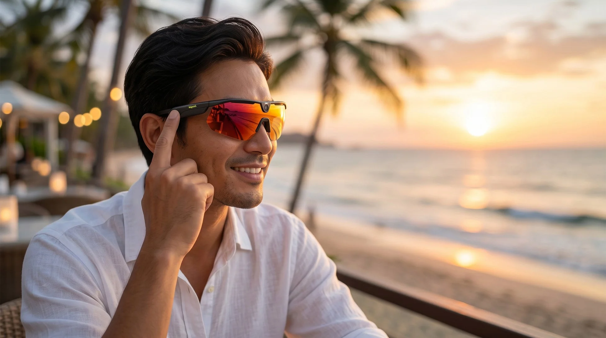 夕焼けのビーチで海を眺める男性