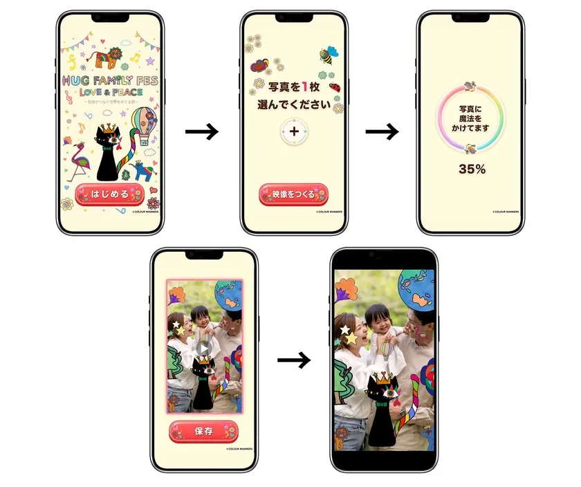 HUG FAMILY FES LOVE & PEACE 地球がつながる世界をめぐる旅 はじめる 写真を1枚 選んでください 映像をつくる 写真に 魔法を かけてます 35% 保存 ©COLOUR MANNERS