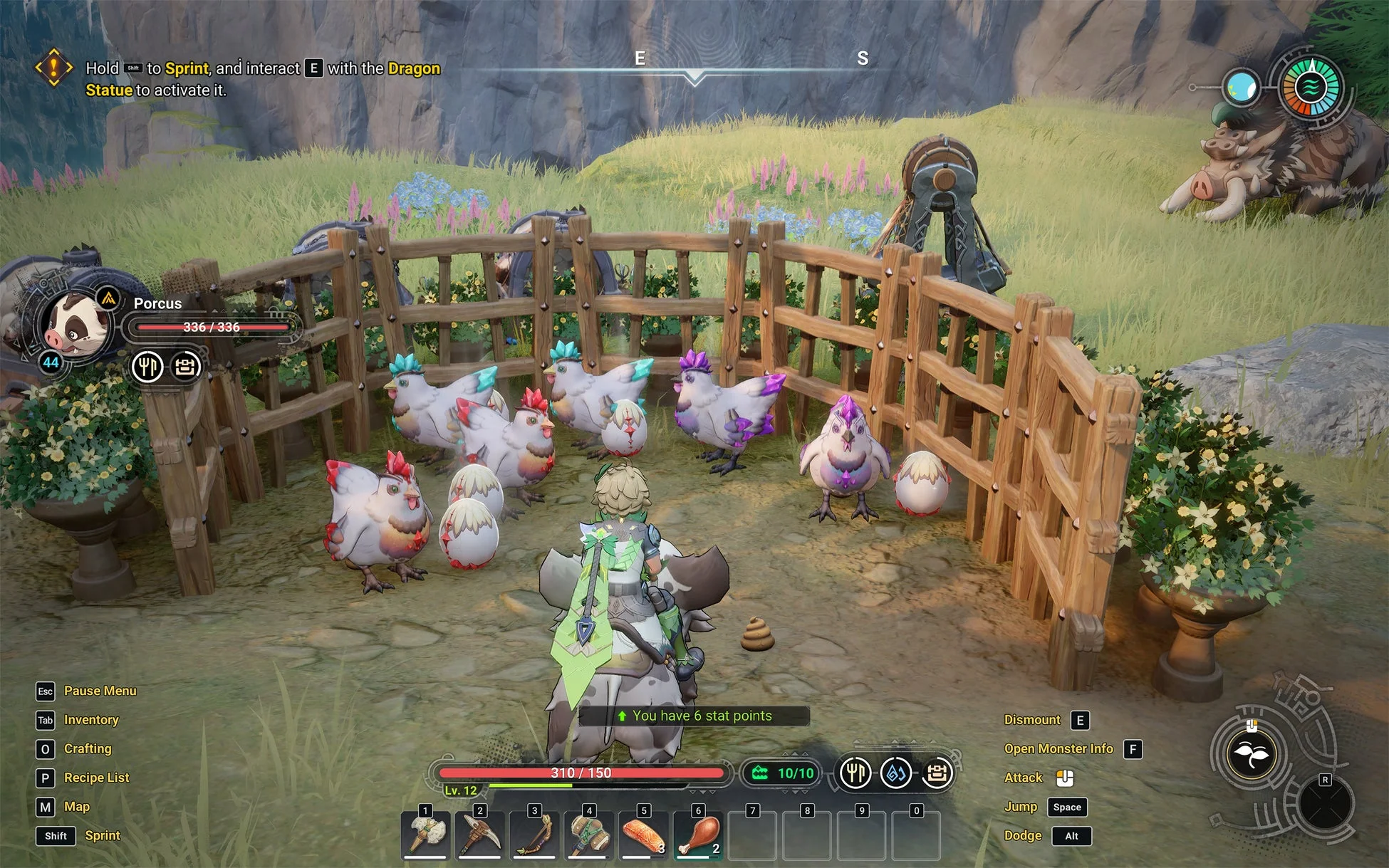 プレイヤーが乗り物に乗って鶏小屋の前にいるゲーム画面