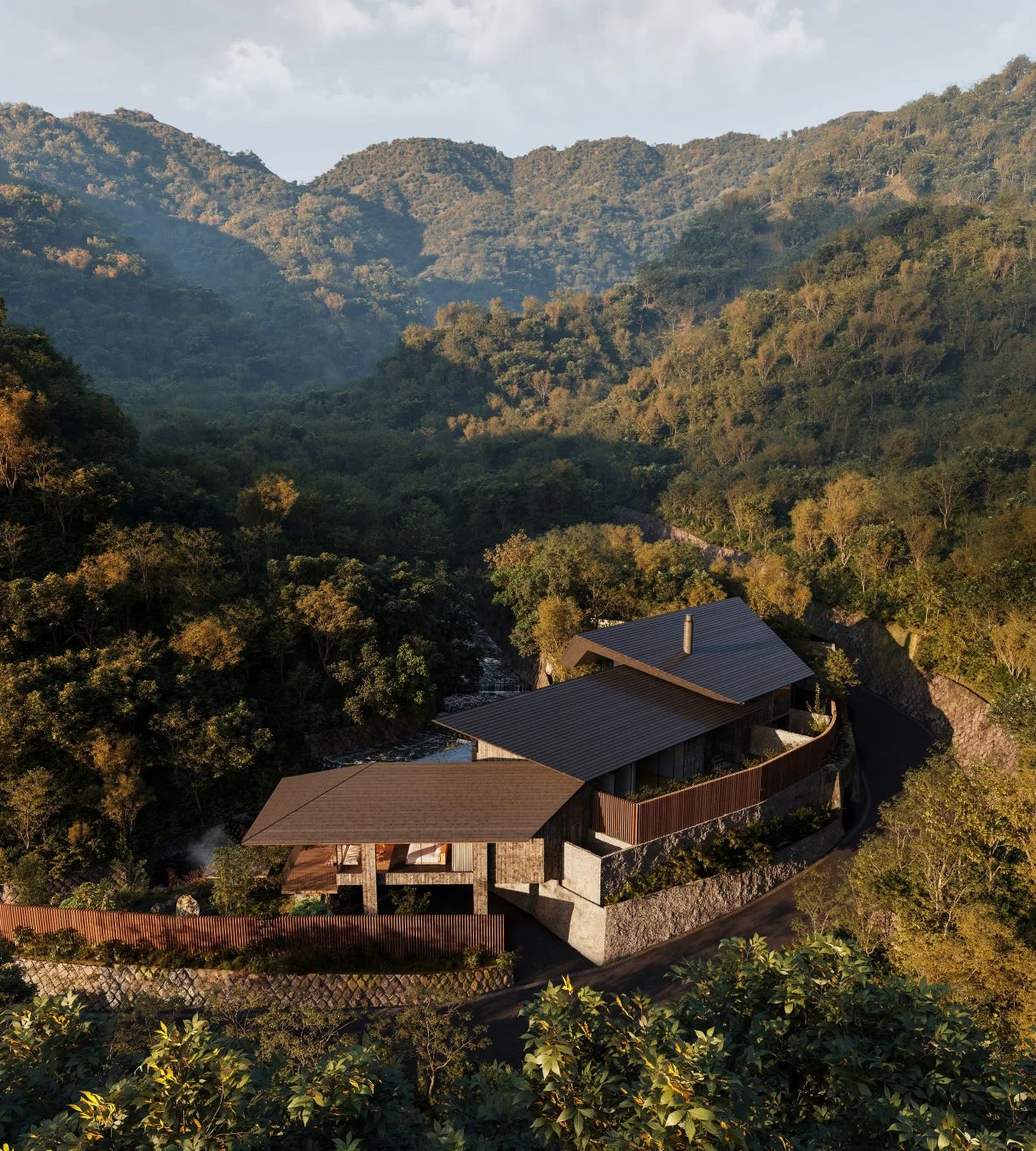 緑豊かな山々に囲まれたモダンな建築の家