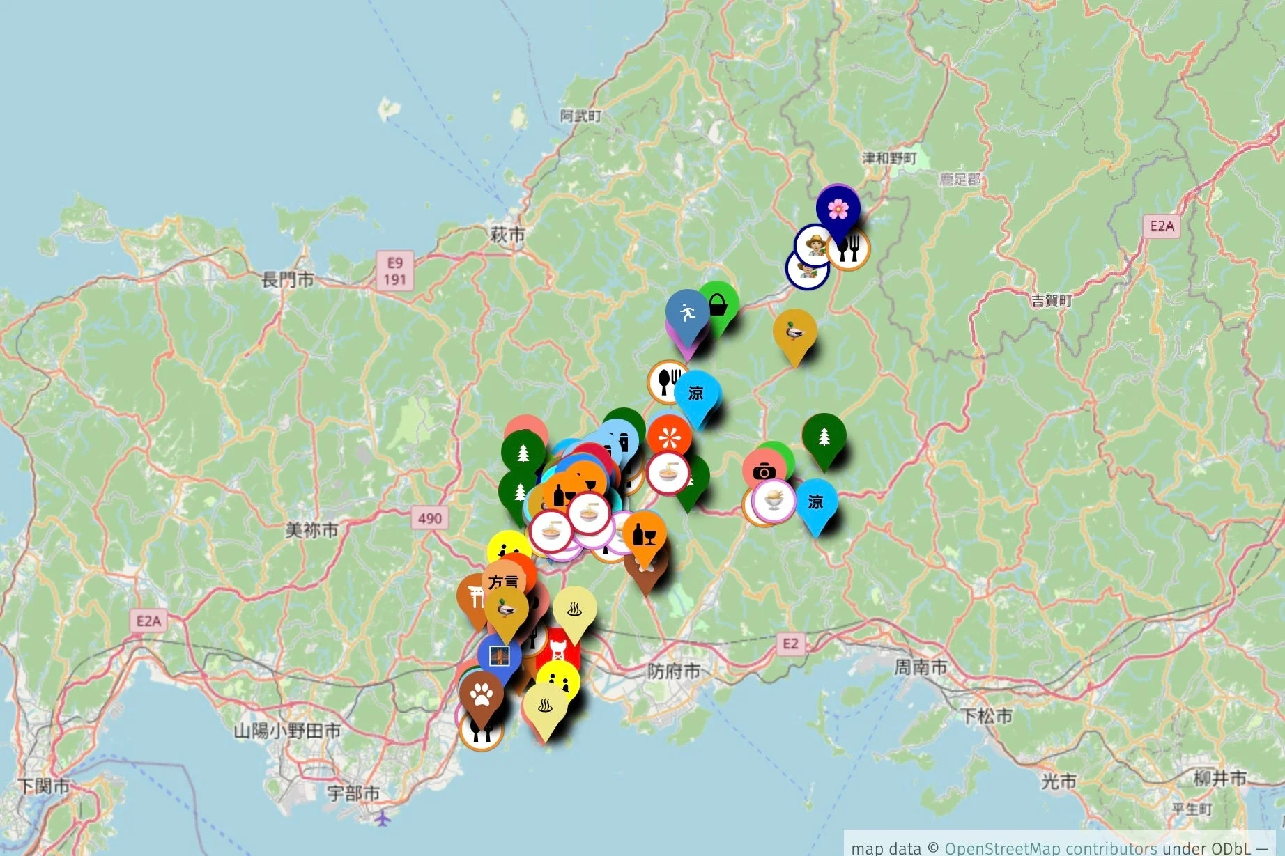 山口県を中心とした地図