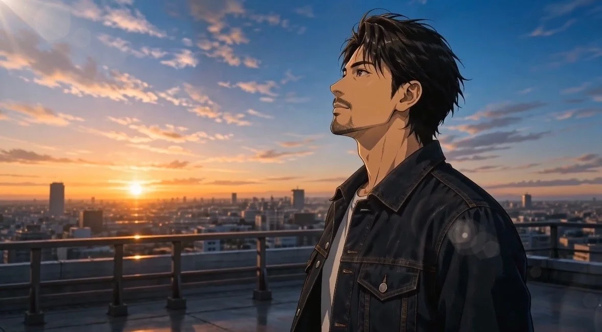 アニメ風の男性が夕焼けの街並みを見つめる